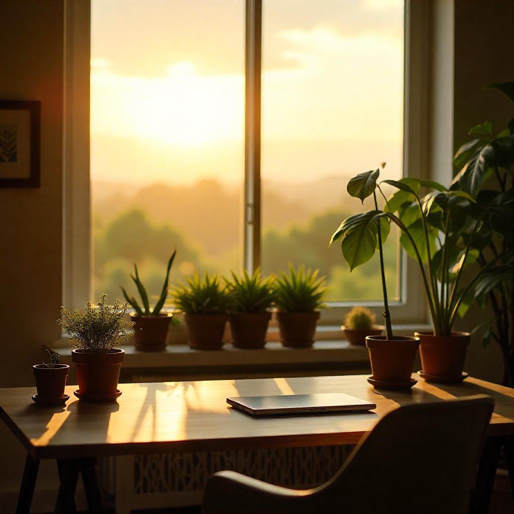 Modern workspace with green plants