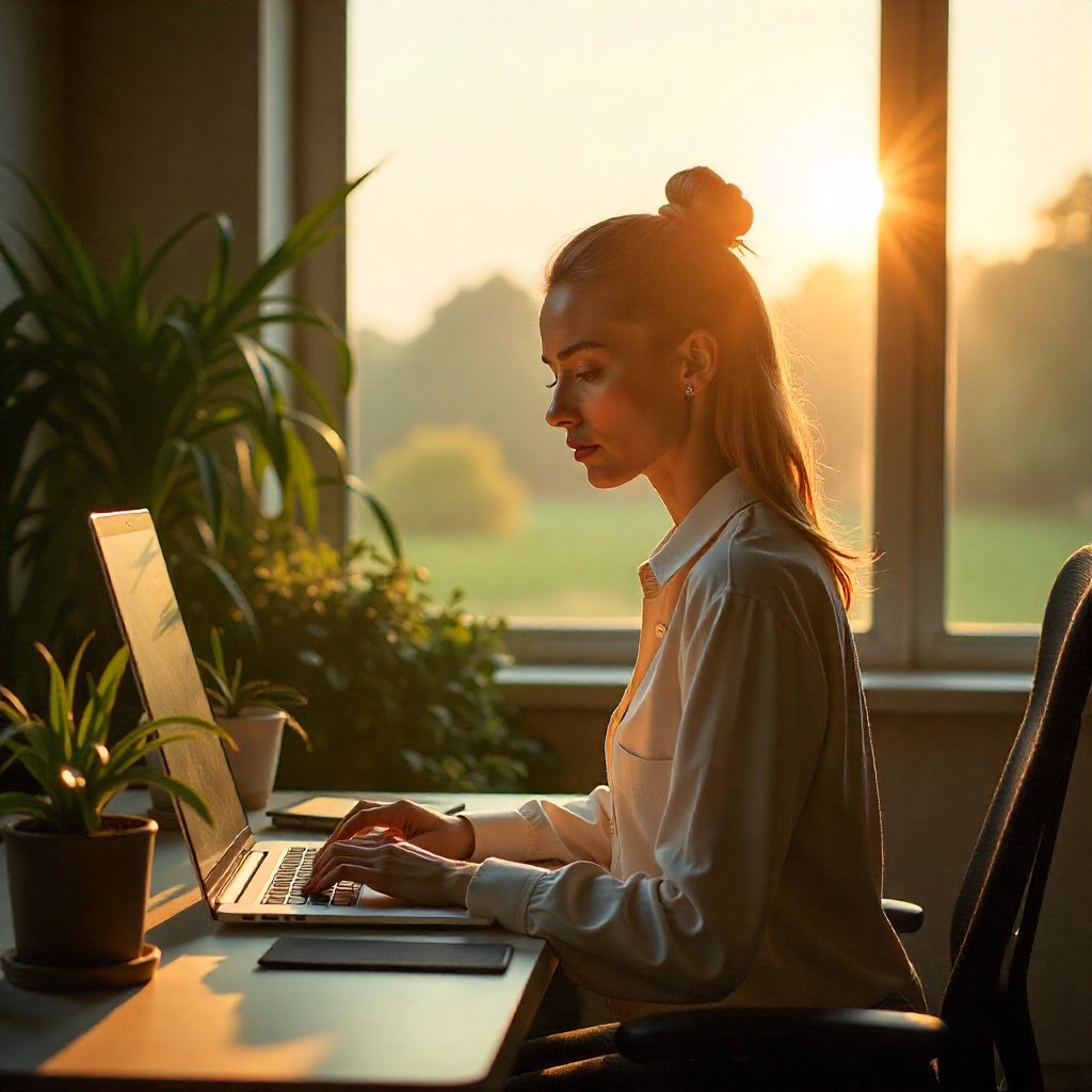 Creative workspace with hanging plants